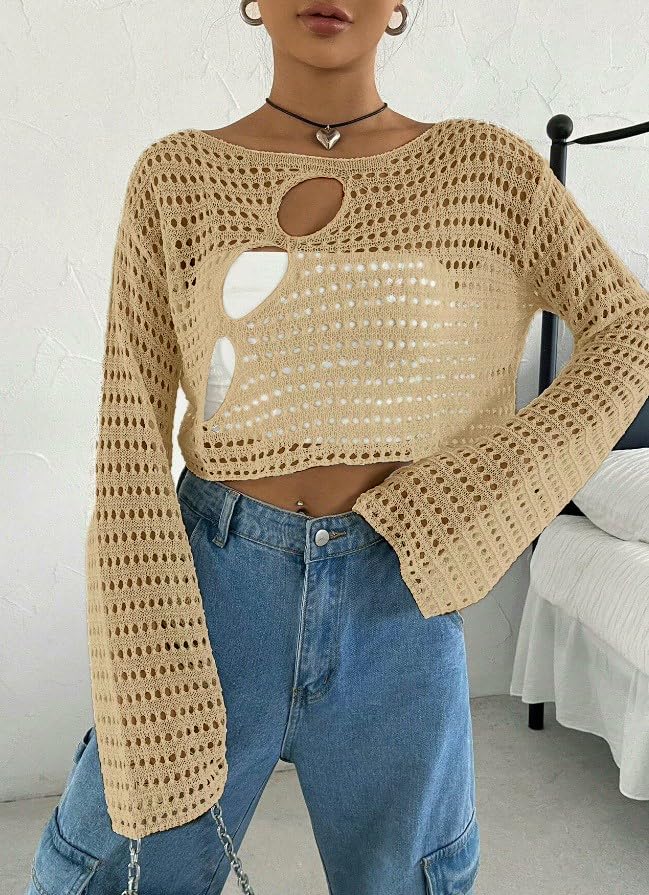 2025 Women's Crochet Knit Hollow Out Sweater - Long Sleeve Summer Cover Up Cropped Top for Beach, Vacation & Casual Outfits