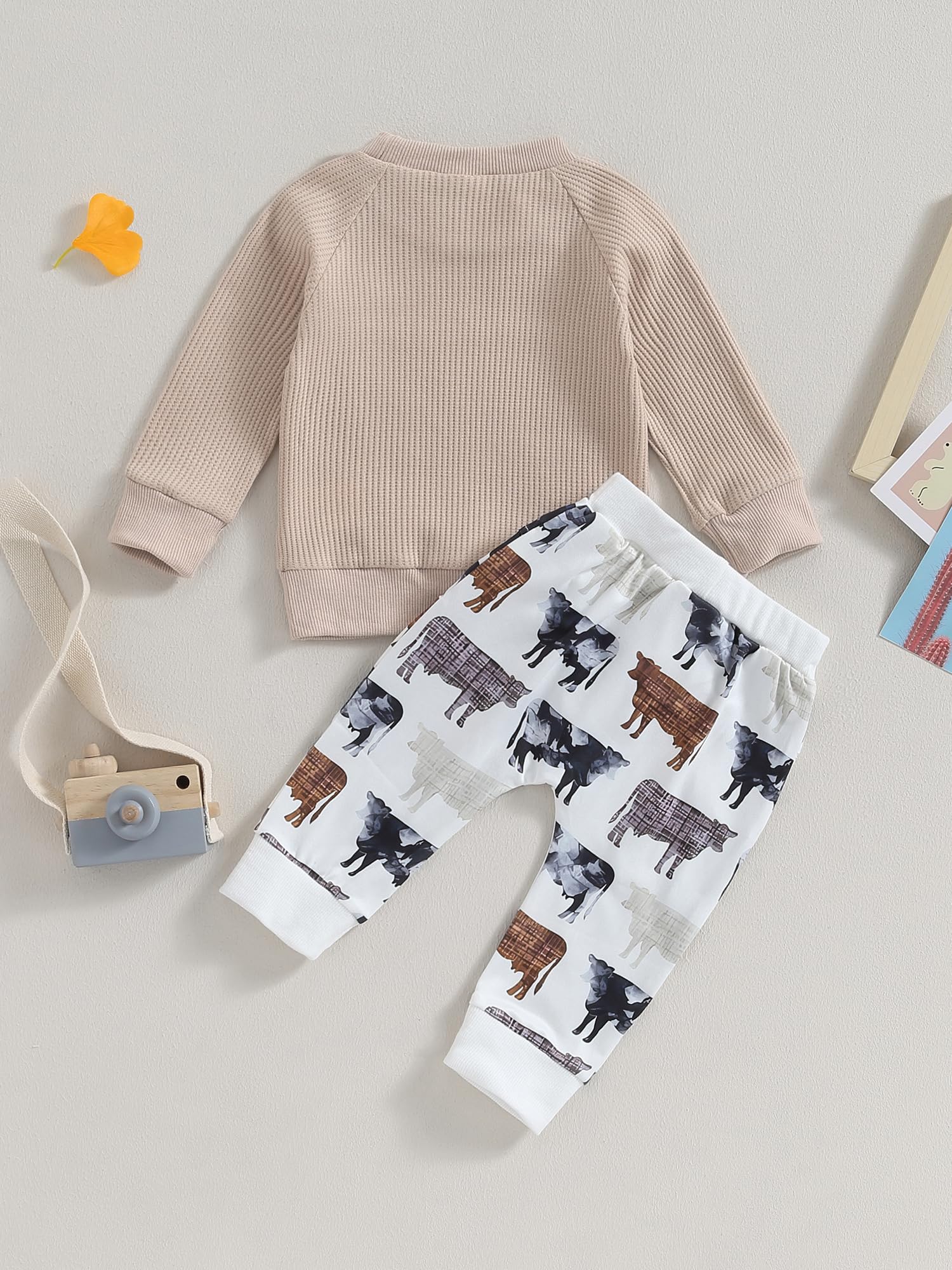 Taoocy Western Baby Girl & Boy Clothes Set - Long Sleeve Waffle Knit Sweatshirt & Cow Print Jogger Pants for Cowboy Fall & Spring Outfits | Cute Western Style Toddler Clothes for Playdates, Rodeo Events & Photo Shoots