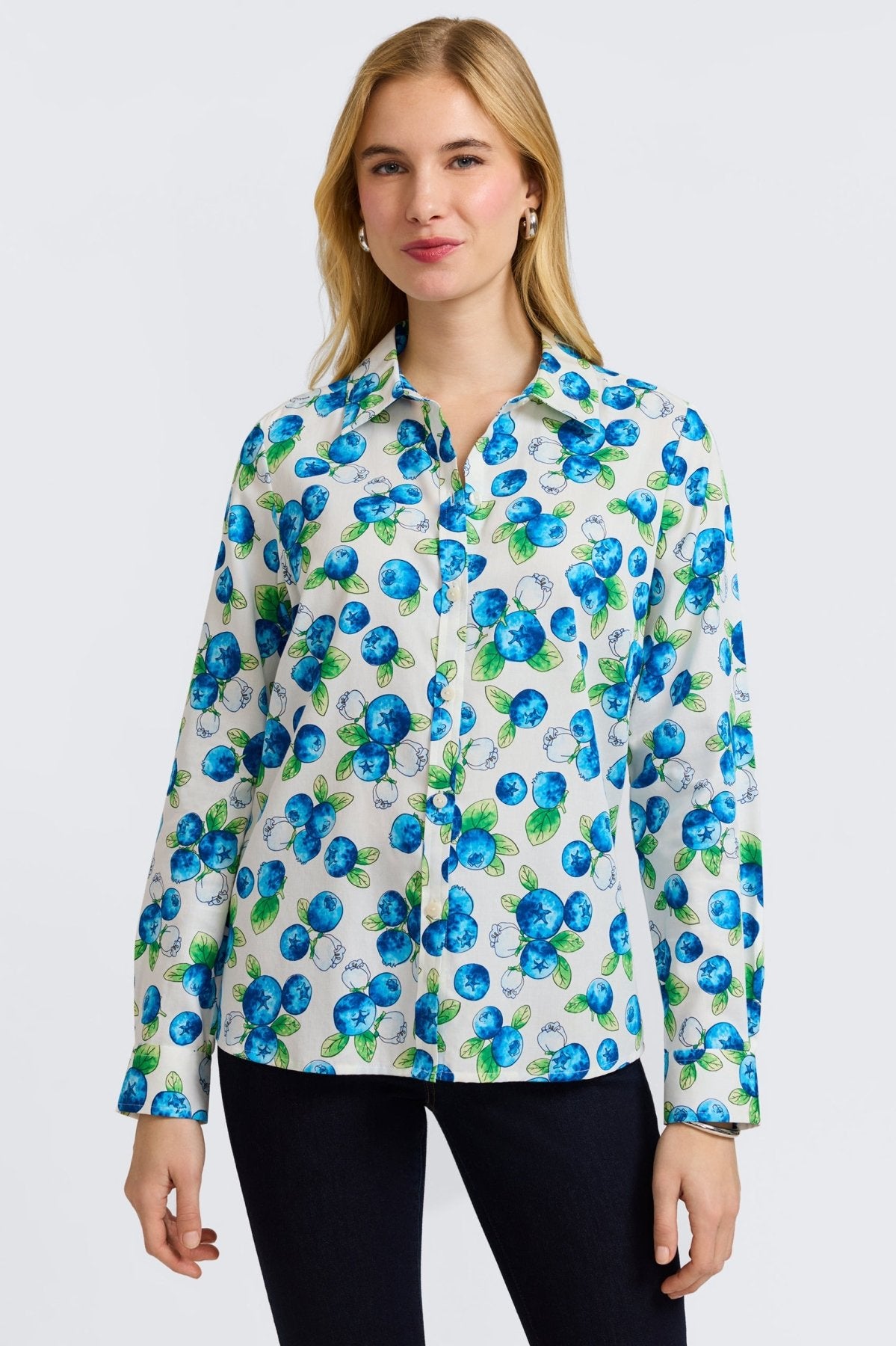 Stylish Hampton Watercolor Blueberries Long Sleeve Shirt for Women - Soft Cotton Casual Top for Everyday Wear, Office, and Weekend Outings