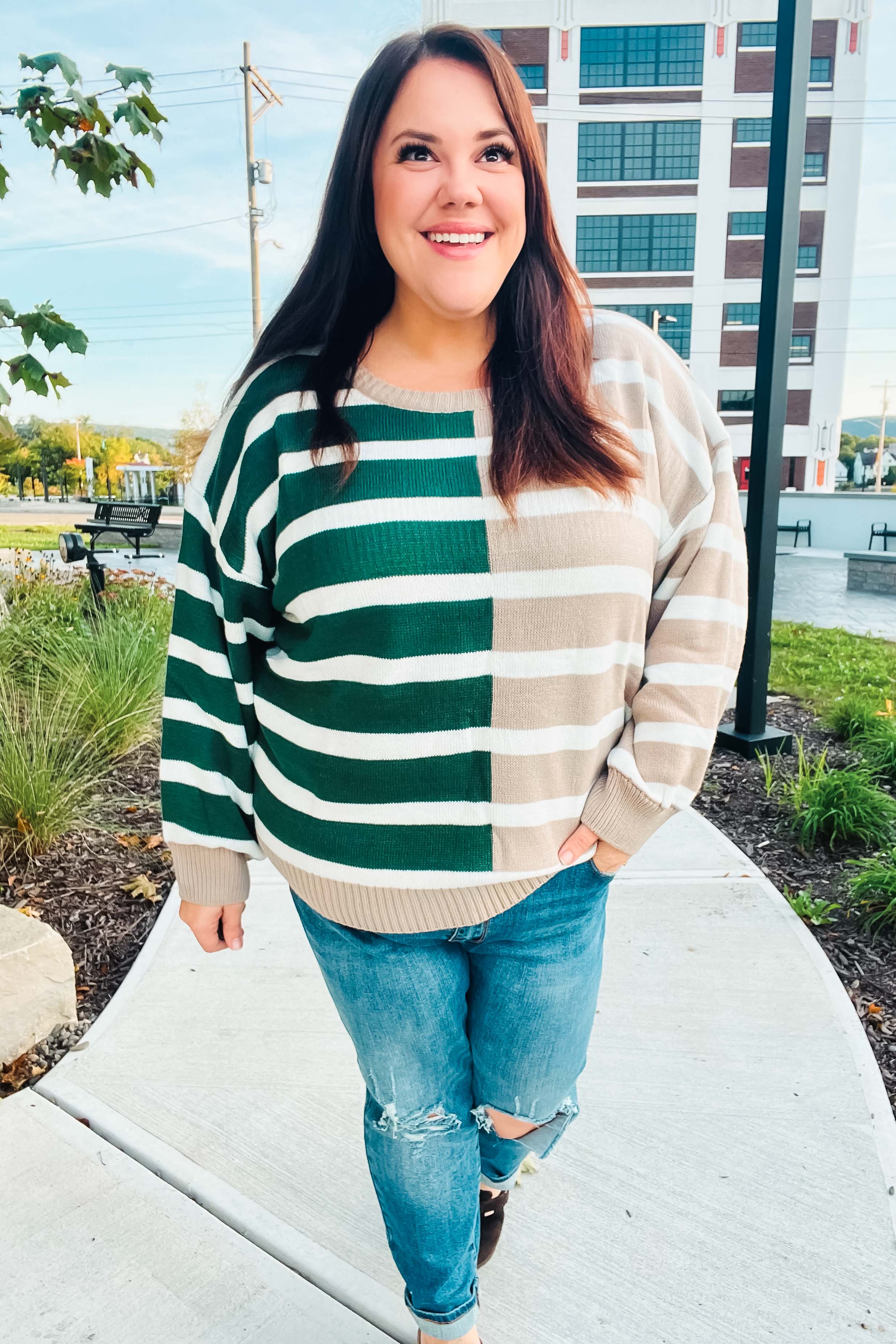 Hunter Green & Taupe Striped Color Block Sweater for Women | Cozy Knit Pullover | Fall Winter Fashion | Casual Office Wear & Weekend Outfits