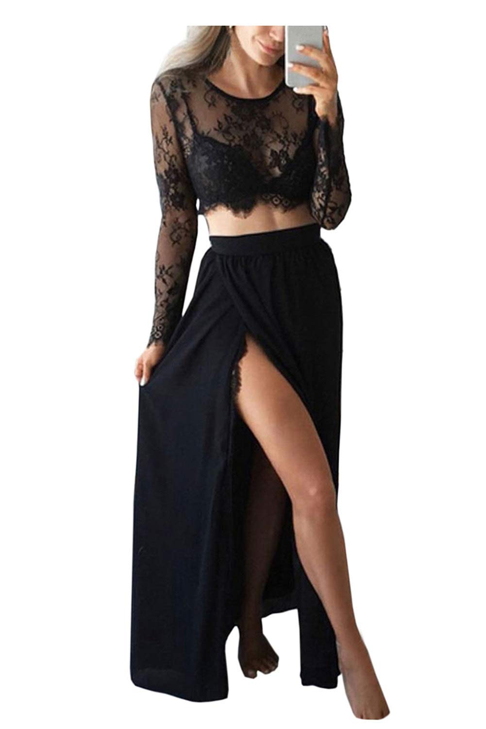 Elegant Women's Lace Chiffon 2-Piece Prom Dress with High Slit & Long Sleeves - Perfect for Weddings, Homecoming, and Formal Evening Events