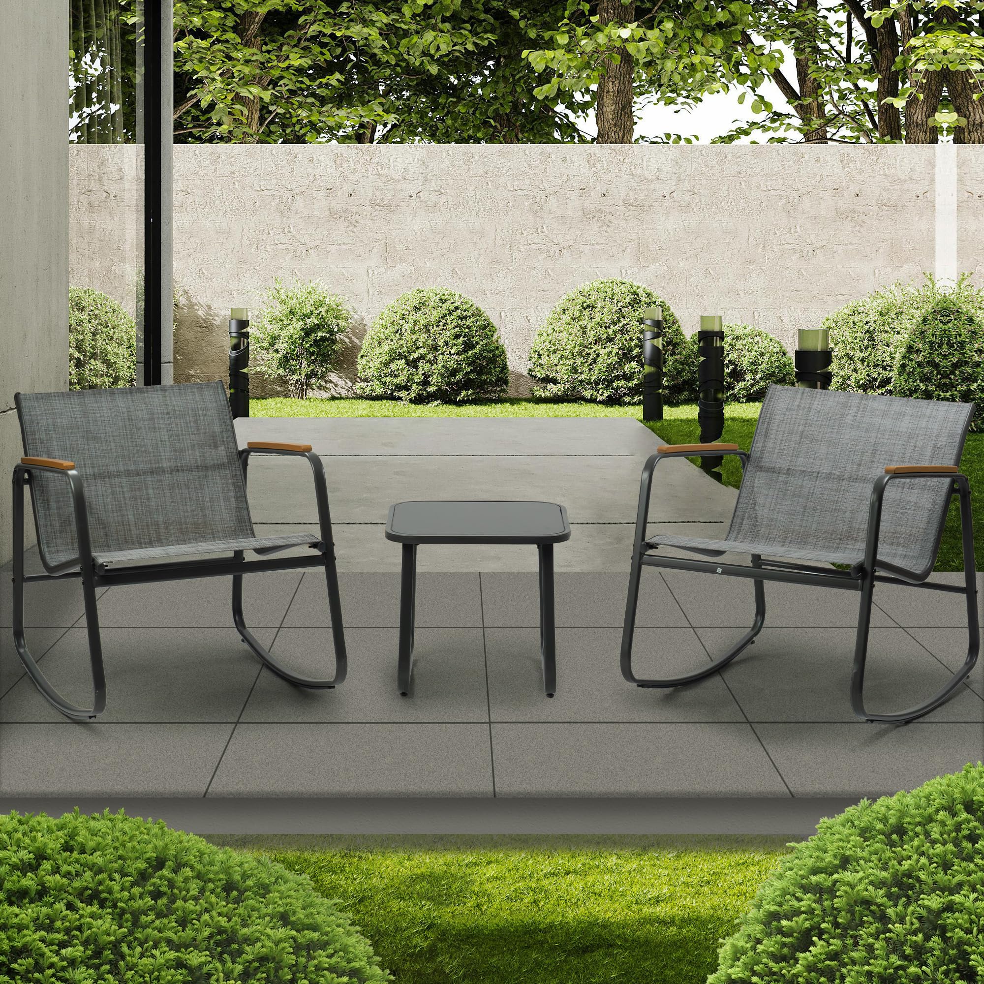 Kozyard 3-Piece Outdoor Rocking Chair Set with Wooden Armrests & Glass Table - Patio Bistro Furniture for Lawn, Porch, Garden, Balcony & Poolside - Perfect for Relaxing, Entertaining & Enjoying Outdoor Living