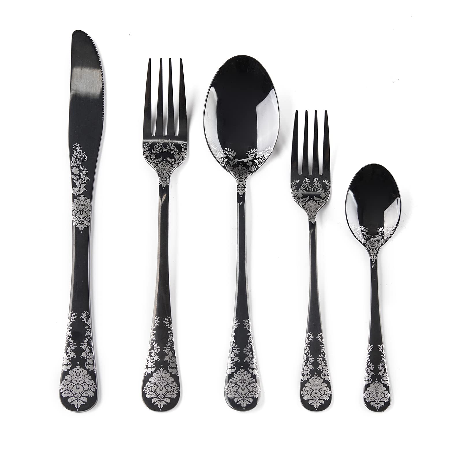 20-Piece Stainless Steel Flatware Set - Black Silverware Cutlery Set with Flower Pattern Handle for 4 People, Mirror Polished Kitchen Utensils for Dining, Parties, and Everyday Use