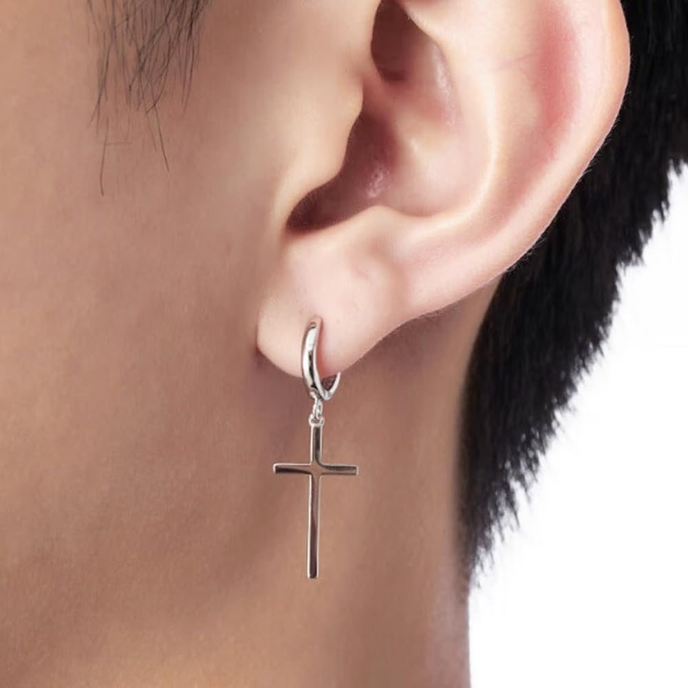 Silver Stainless Steel Inverted Cross Earrings for Men & Women - Upside Down Asymmetric Chain Dangle Hoop Earrings | Trendy Punk & Kpop Style Jewelry for Concerts, Parties & Gothic Fashion