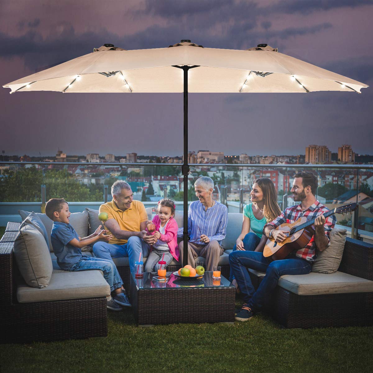 Tangkula 15 Ft Solar Powered LED Patio Umbrella - Double-Sided Outdoor Market Umbrella with 36 LED Lights, Crank Handle & Included Base - Perfect for Backyard, Poolside, and Outdoor Dining (Beige)