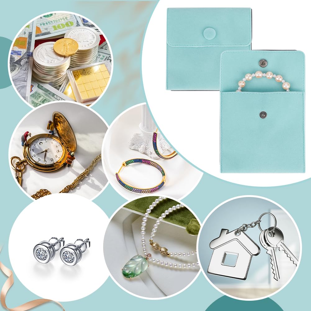 10 Pack Velvet Jewelry Pouches with Snap Closure - 3.94x3.94 Inch Small Gift Bags for Rings, Necklaces, Earrings & Bracelets - Premium Jewelry Storage & Travel Organizer (Turquoise) - Perfect for Gifting, Wedding Favors & Jewelry Protection