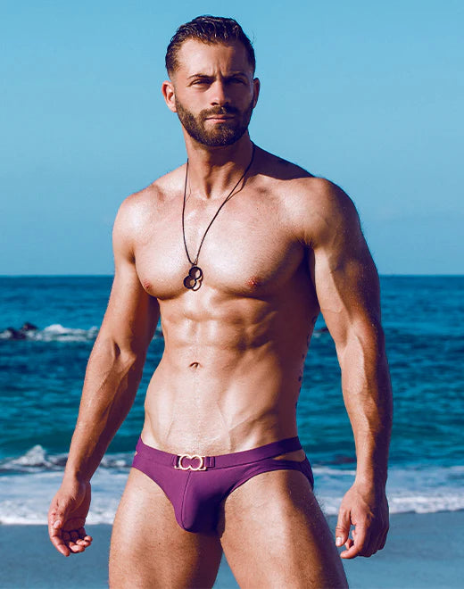 2EROS Men's Double Strap Swim Brief - Plum Purple Swimwear for Beach & Pool | Comfortable & Stylish Swim Trunks for Vacation, Water Sports & Sunbathing