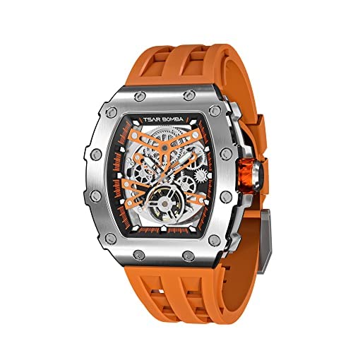 TSAR BOMBA Luxury Automatic Mechanical Watch for Men - Japanese Movement, 50M Waterproof, Square Case with Luminous Hands, Fluorine Rubber Strap - Elegant Dress Watch for Business, Formal Events & Gifts