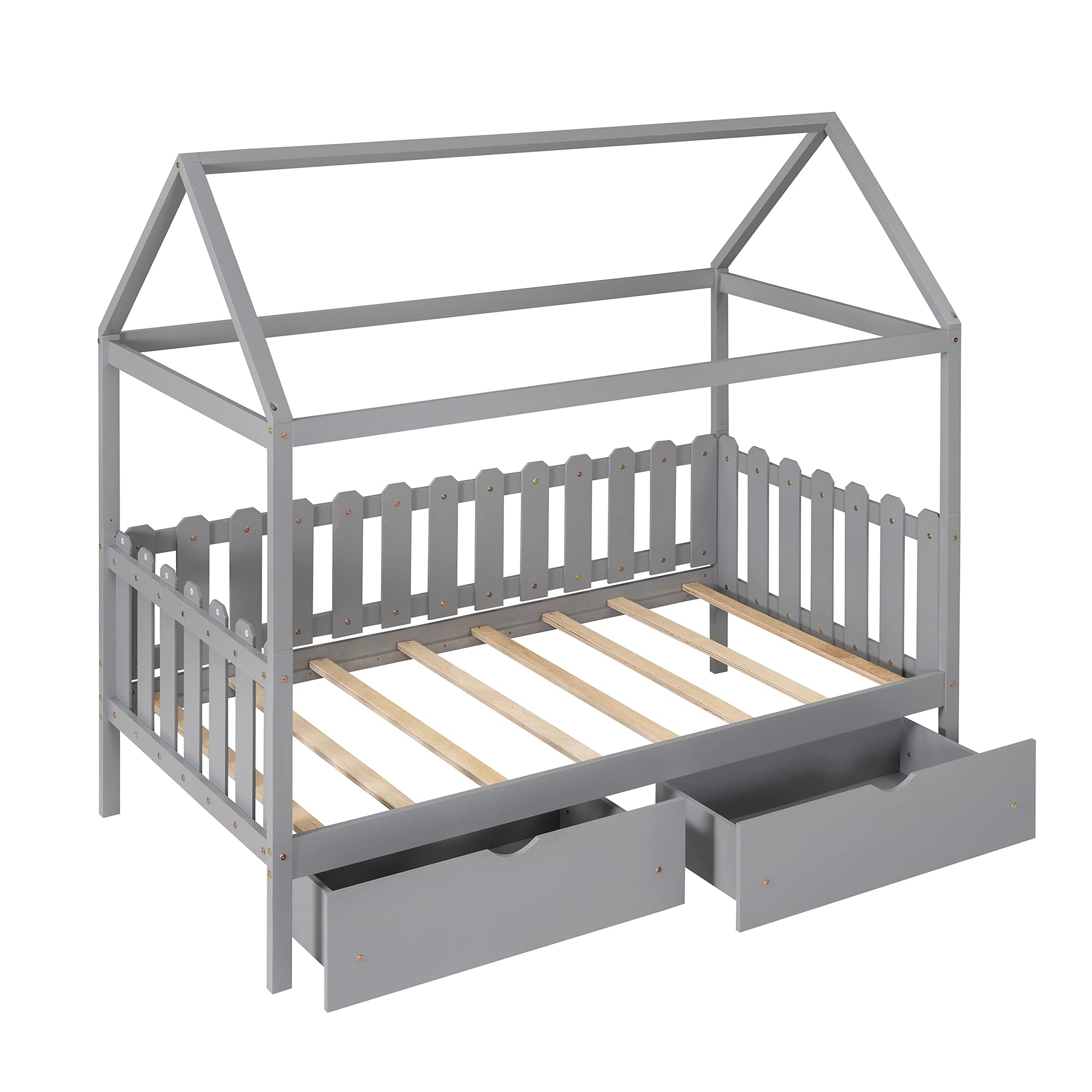 Modern Twin Size Wood House Platform Bed with 6 Drawers - Low Floor Daybed with Fence-Shaped Guardrail, No Box Spring Needed Sofa Bed (Gray) - Perfect for Small Spaces, Kids Rooms & Guest Bedrooms