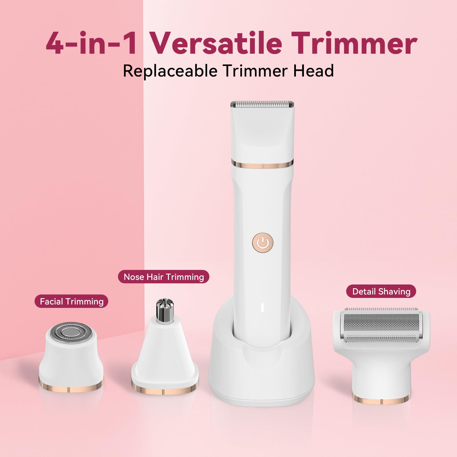 Electric Bikini Trimmer for Women - 4-in-1 Waterproof Pubic Hair & Facial Hair Remover with Replaceable Razors & Nose Hair Trimmer | Rechargeable Women's Grooming Kit for Smooth Skin at Home & Travel