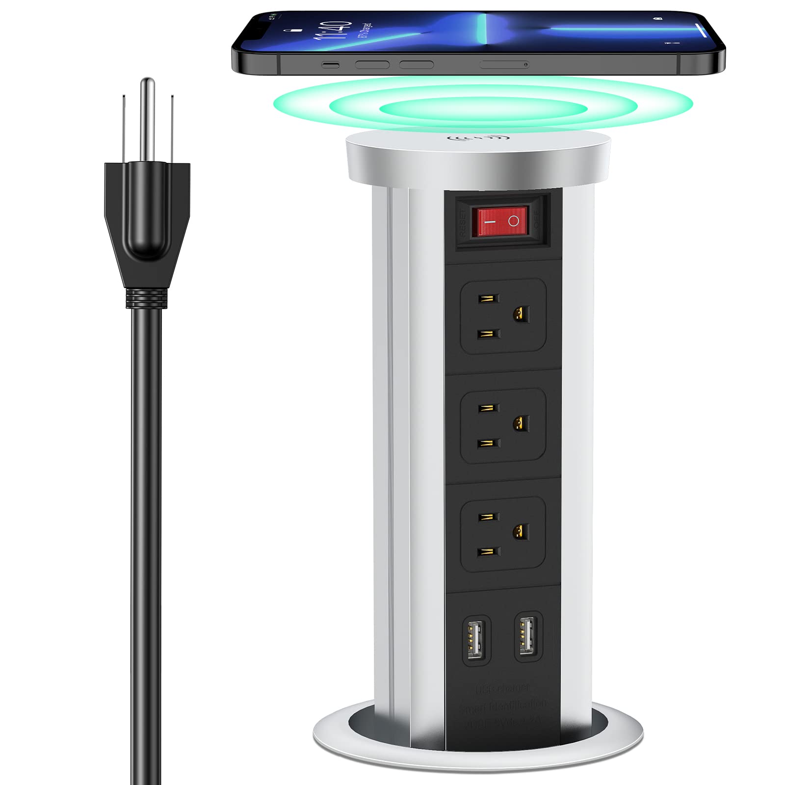 XBA Automatic Pop-Up Power Strip with Wireless Charger - 3 AC Outlets & 4.2A Dual USB Ports - Surge Protector for Office, Hotel, Conference Room, Kitchen Countertop (Black) - Perfect for Charging Phones, Laptops & Small Appliances