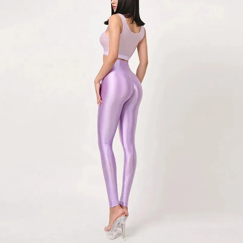 Seamless Satin Glossy High Waist Yoga Pants for Women - Sexy Tight Silk Leggings, Plus Size Workout Pants, Shiny Sports Tights for Fitness, Dance & Lounge Wear