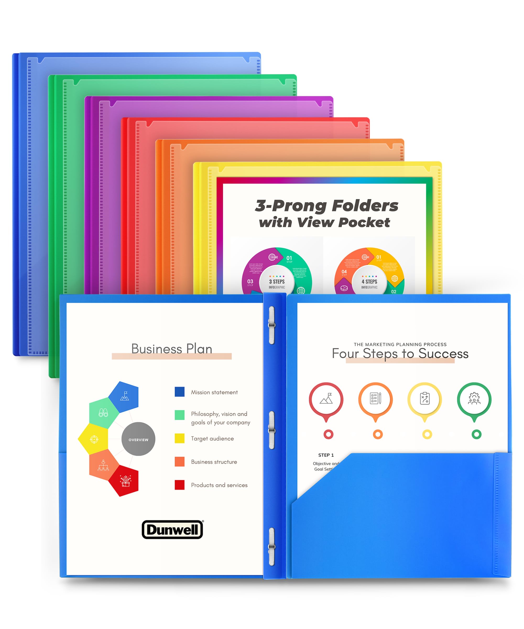 Dunwell 2-Pocket 3-Prong Folders with Clear Front View - 6 Vibrant Colors, Durable Acid-Free Poly Plastic, 3-Hole Punch for Binders - Includes Brads, Pockets & Labels - Perfect for School, Office & Document Organization