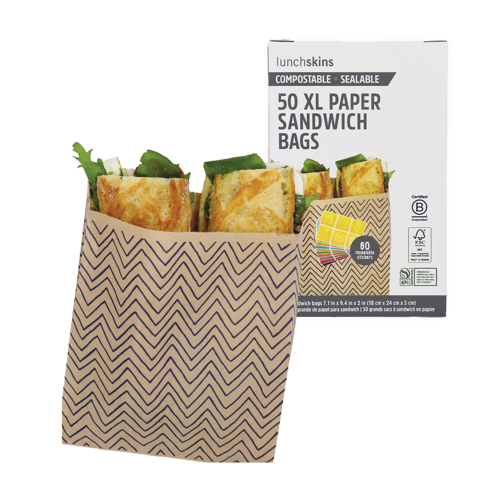 Eco-Friendly Compostable XL Sandwich Bags - 50 Pack | Chevron Design | PFAS & BPA Free | Reusable Food Storage for School Lunches, Picnics & Meal Prep