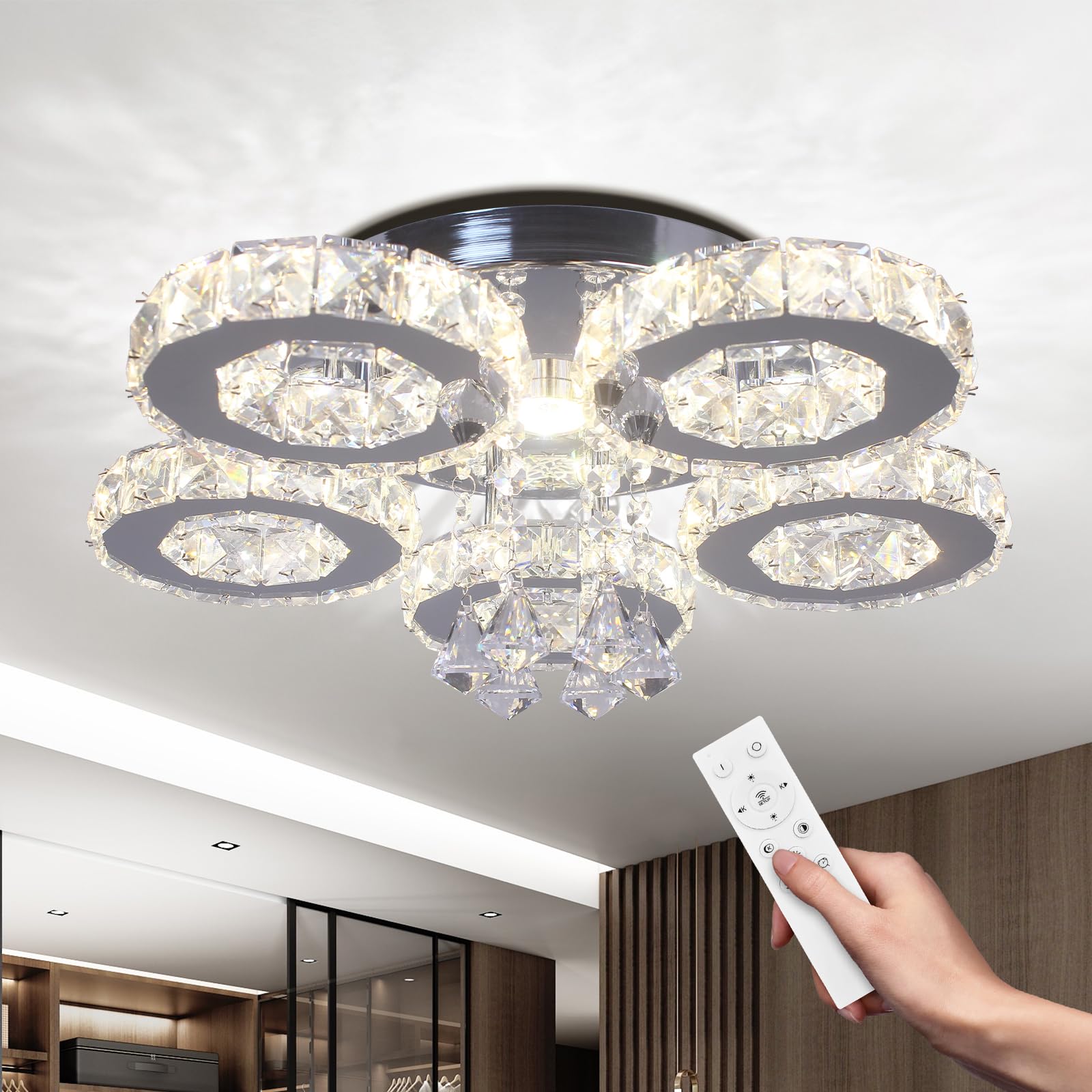 Dimmable LED Chandelier - Modern Crystal Ceiling Light with Remote Control, 5-Ring Flush Mount Fixture for Dining Room, Bedroom, Kitchen | Energy-Efficient Lighting for Home Decor & Ambiance