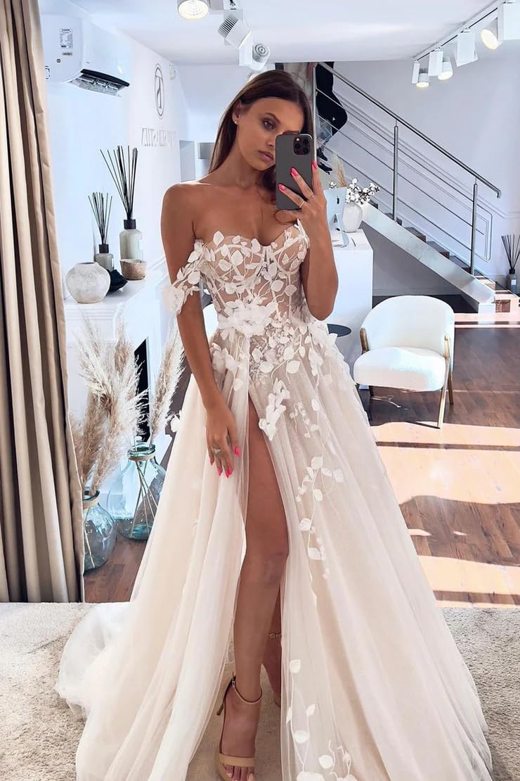 2024 Boho Lace Appliques A-Line Tulle Wedding Dress - Off Shoulder Strapless Bridal Gown with High Slit for Beach, Garden & Outdoor Ceremonies