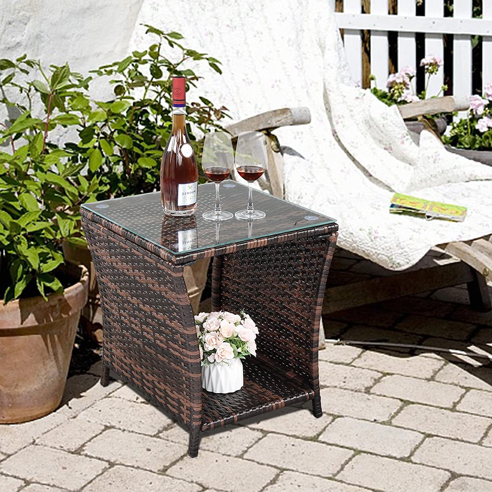 HomVent Outdoor Wicker Rattan Side Table with Tempered Glass Top - Square Coffee Table & End Table with Storage for Patio, Garden, Balcony, Courtyard - Perfect for Relaxing, Entertaining & Outdoor Decor