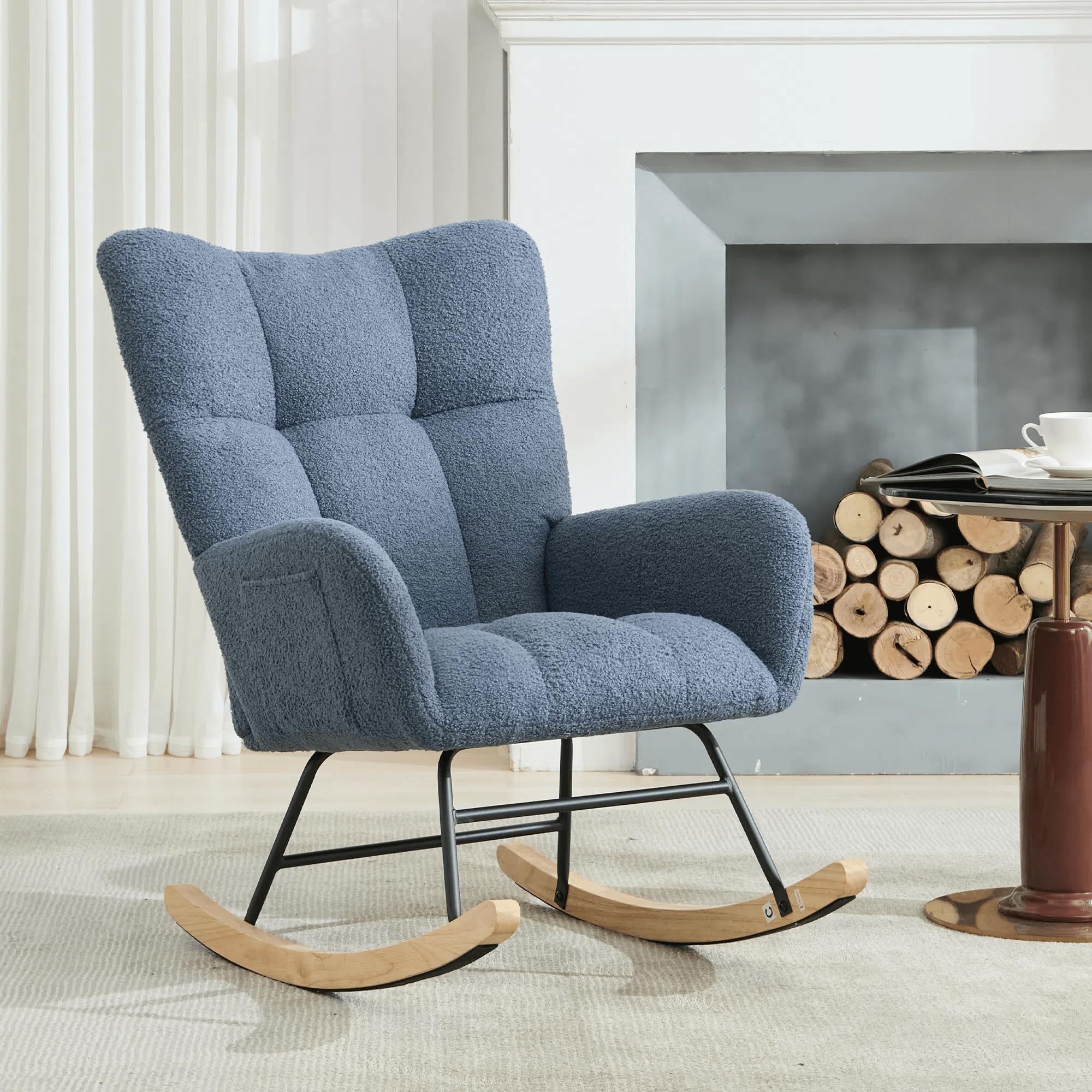 Comfy Blue Teddy Upholstered Glider Rocker - High Backrest Nursery Rocking Chair for Living Room, Bedroom & Office | Modern Accent Armchair with Smooth Gliding Motion | Perfect for Nursing Mothers, Relaxation & Home Decor
