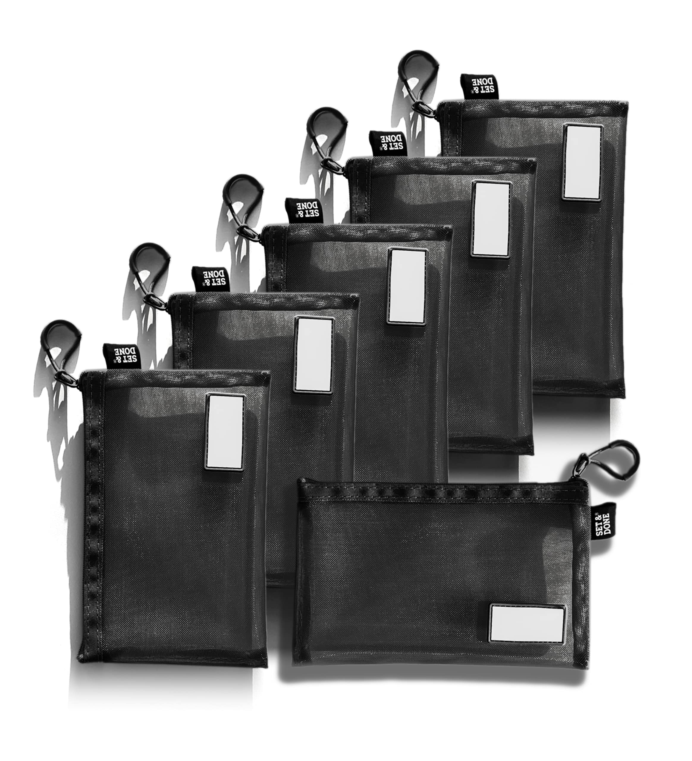 SET & DONE - 6-Pack Mesh Zipper Pouch Organizer with Waterproof Marker - Travel Storage Bags for Masks, Pens, Cosmetics, Cables & Toiletries - Washable & Reusable (Black) - Perfect for Travel, Office & School Organization