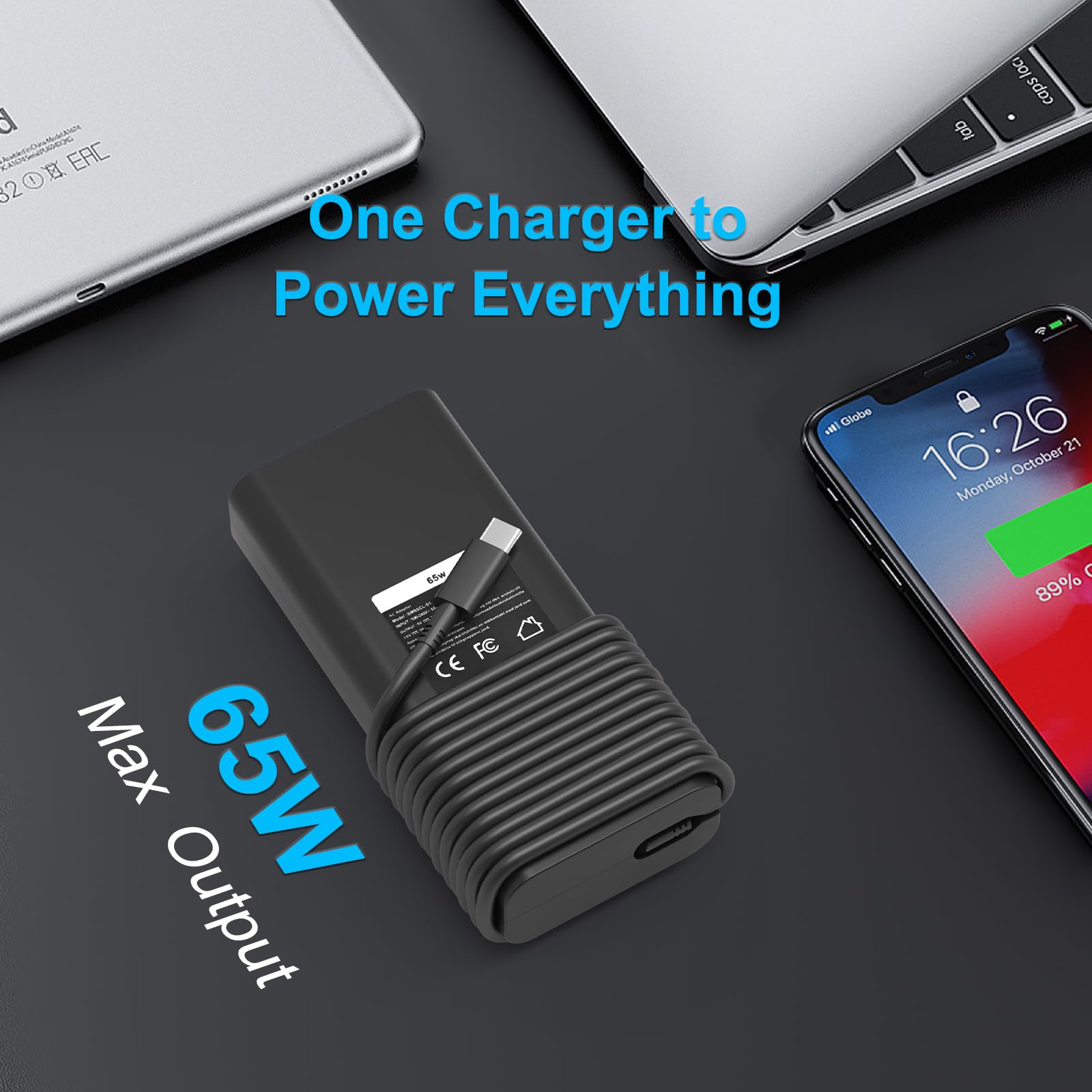 65W USB C Laptop Charger for Dell Latitude 5420/7420/5520/5440/5540/7440/5430/5530/7430/7320/5320/7410, Chromebook 3100 2-in-1, XPS 13 - Replacement 60W Dell Type C AC Power Adapter (SM65CL-01) - Perfect for Home, Office & Travel Charging