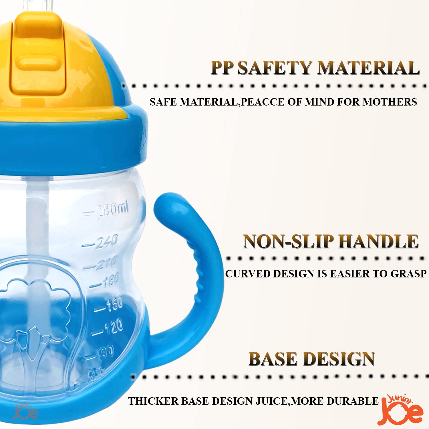 JUNIOR JOE Plastic Baby Straw Sipper Water Bottle - 280ml (Blue) | BPA-Free Leak-Proof Toddler Cup for Kids | Perfect for Daycare, Travel & On-the-Go Hydration