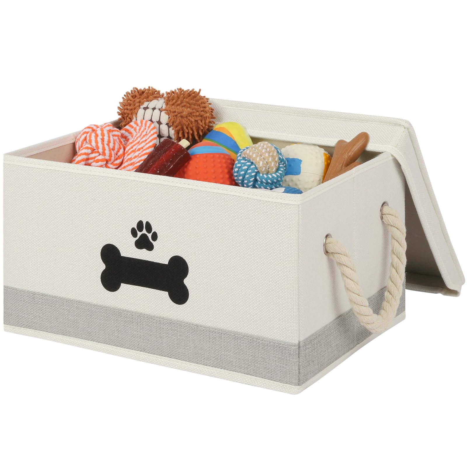 Durable Dog Toy Storage Basket with Lid & Cotton Rope Handles - Collapsible Pet Toy Organizer Box for Living Room, Bedroom or Nursery - Beige-Gray Dog Toy Bin for Easy Organization