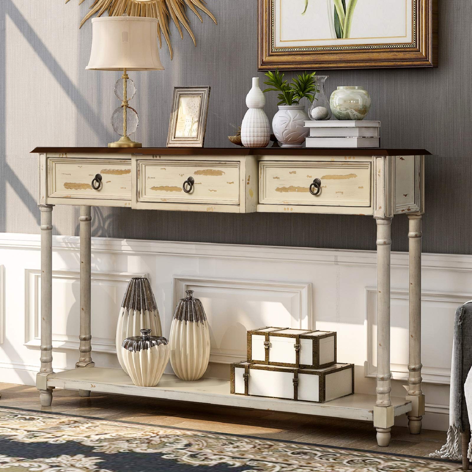 Rhomtree Wooden Console Sofa Table with Storage Drawers & Bottom Shelf - Long Entryway Sideboard Accent Table for Living Room, Hallway, Foyer - Beige Finish - Perfect for Home Decor, Small Space Storage & Entry Organization