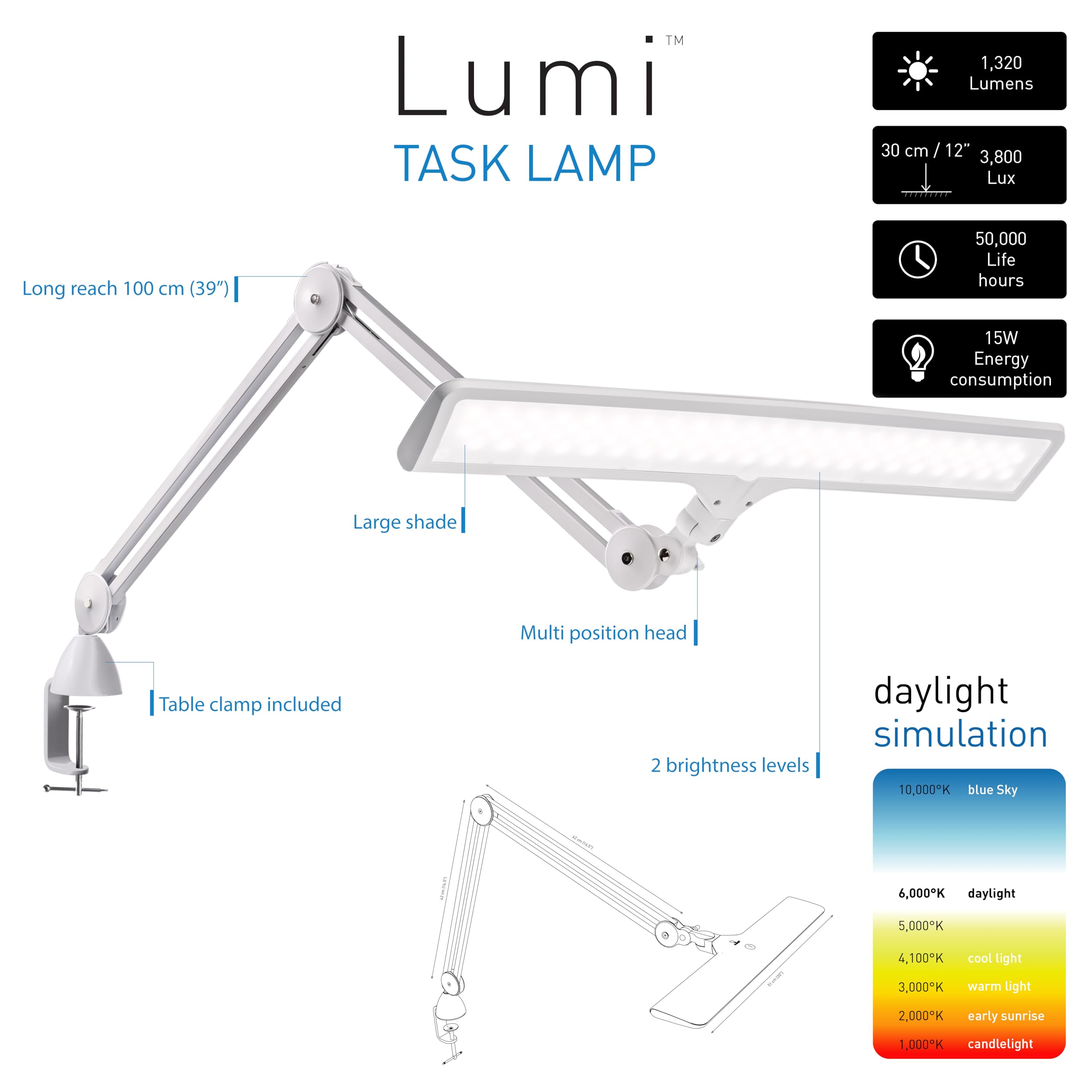 Daylight Company Lumi Task Lamp - 4000 Lux Super Bright LED Desk Light with 95 CRI, Touch Dimmable with 2 Brightness Levels, 15W Metal Craft Lamp for Artists, Drawing, Reading & Office Work