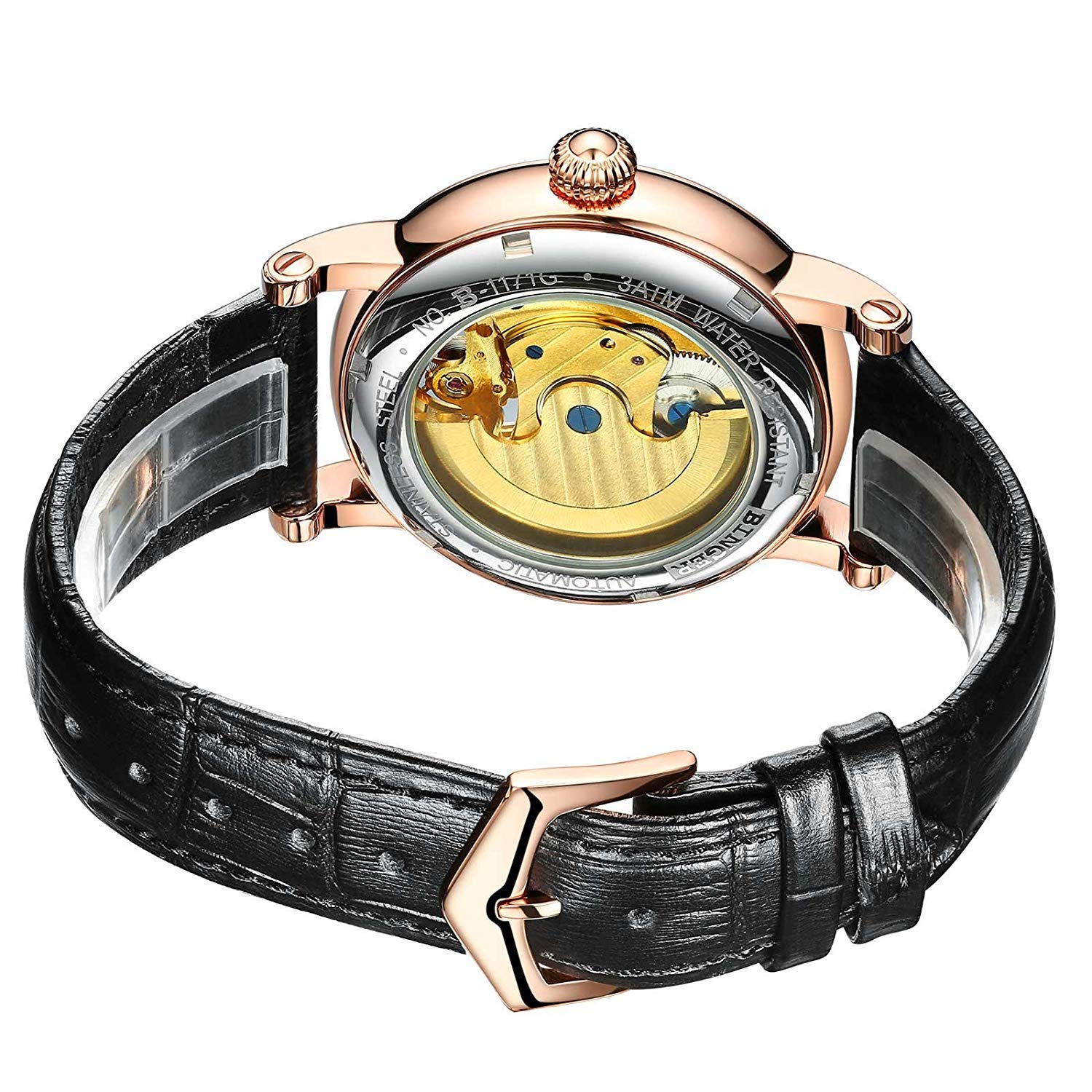 MASTOP Automatic Mechanical Skeleton Watch for Men - Gold/Silver Stainless Steel Case with Black Leather Band - Luxury Dress & Business Watch for Formal Occasions