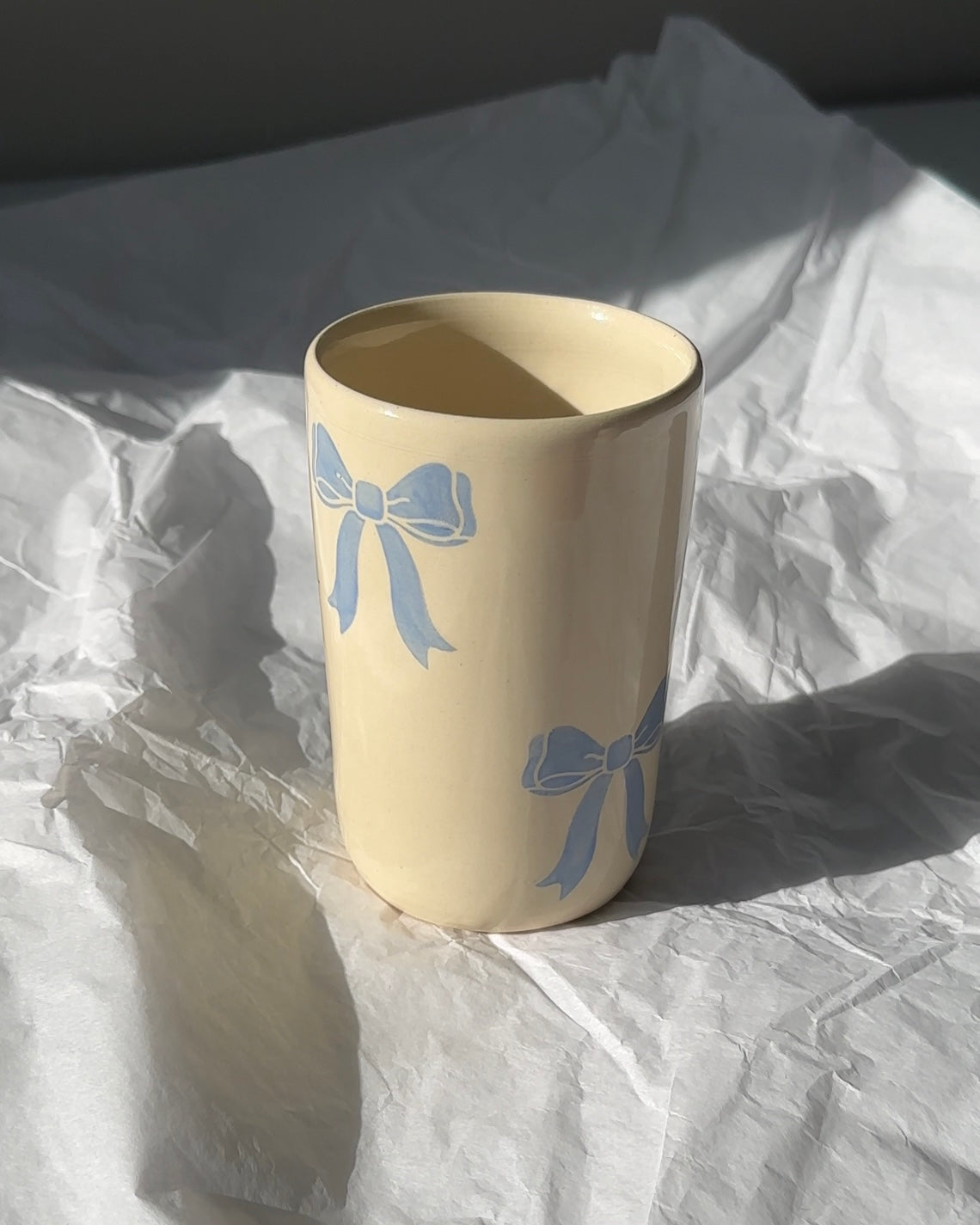 Handmade Blue Bow Ceramic Tumbler - Cottagecore Aesthetic Iced Coffee & Tea Cup for Women | Perfect for Home, Office & Picnics