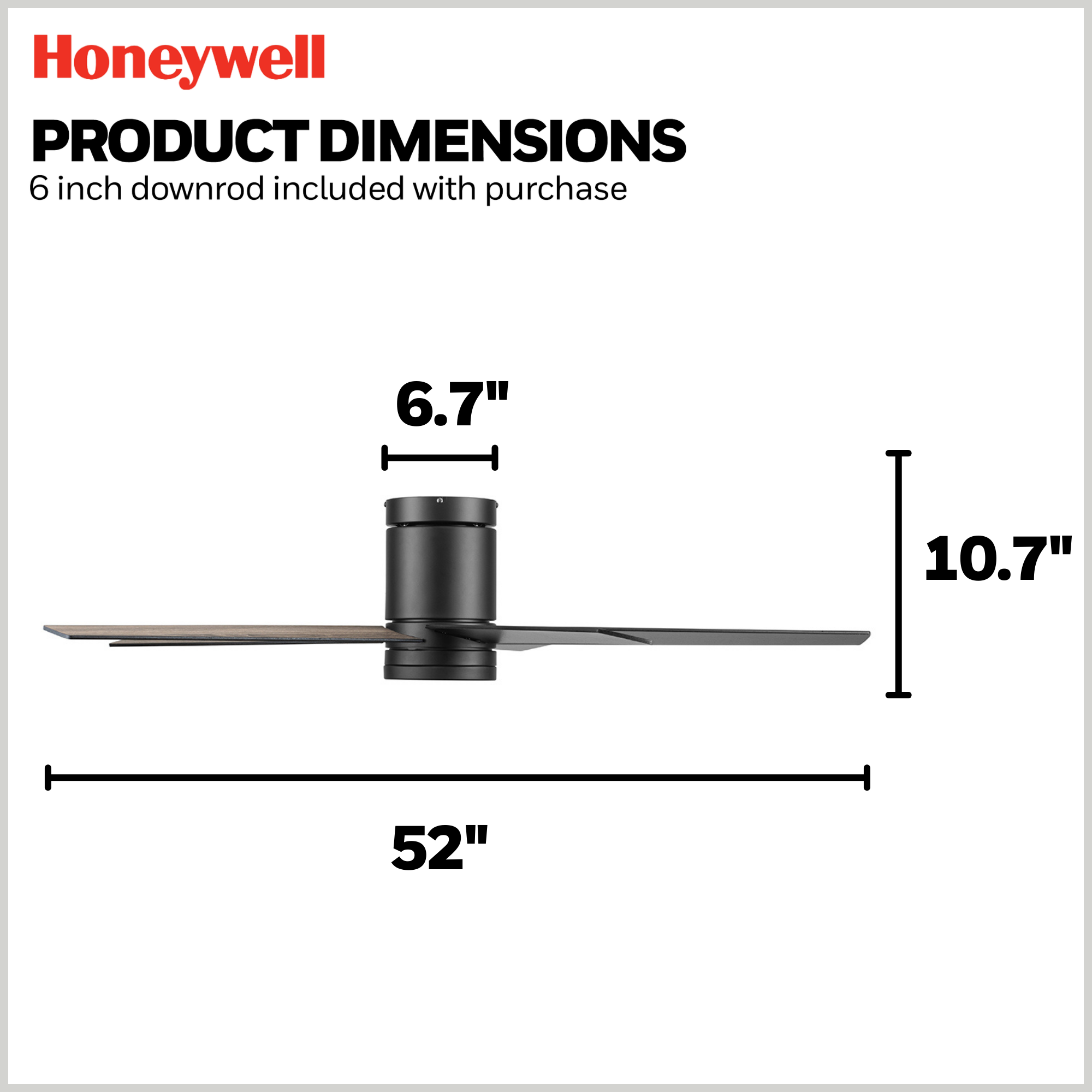 52 Inch Honeywell Graceshire Matte Black Ceiling Fan with Light Kit & Remote Control - Perfect for Living Room, Bedroom, and Outdoor Patio Cooling