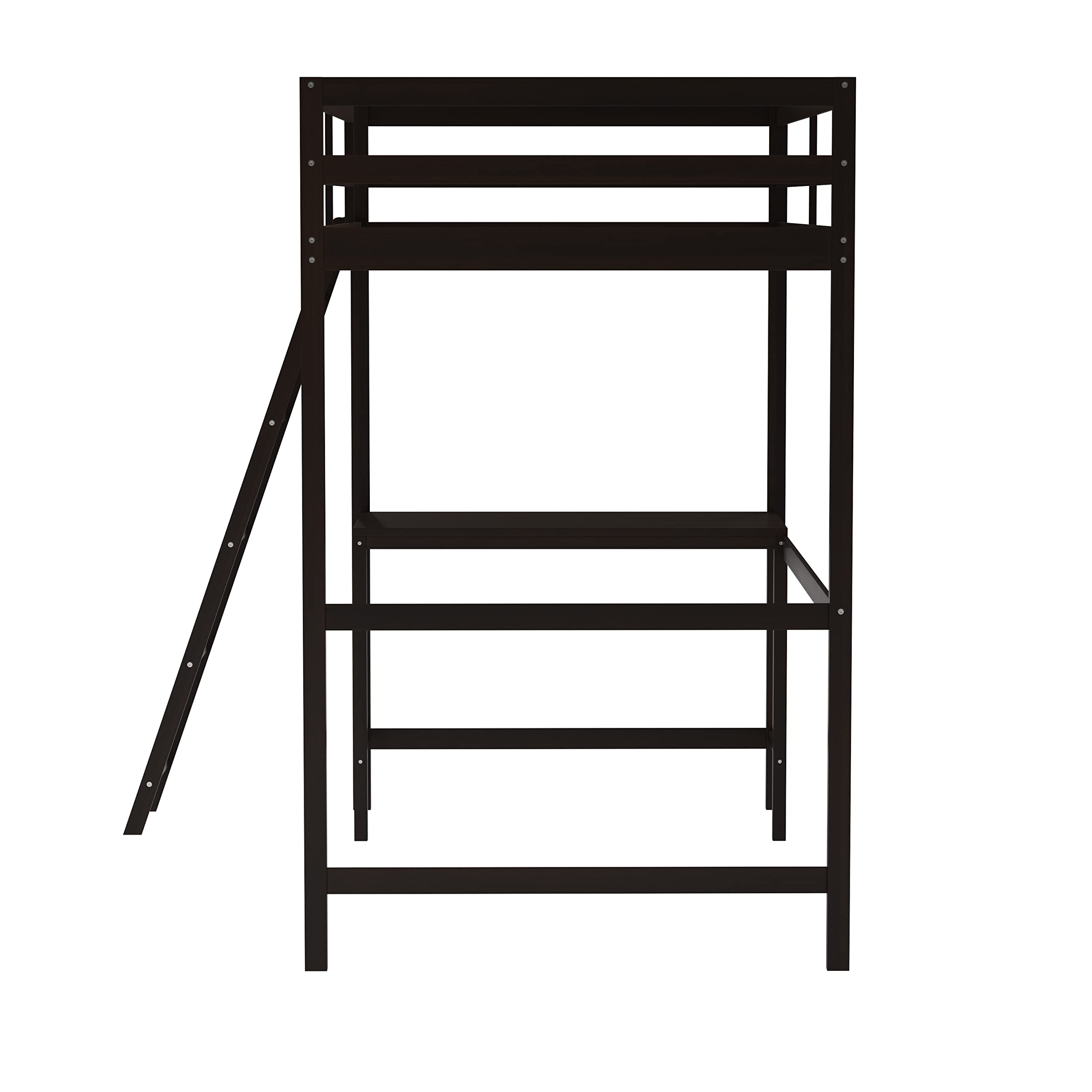 Emma & Oliver Ridley Twin Size Loft Bed Frame with Desk - Solid Pine Wood in Espresso Finish - Safety Guardrails - Fits 6-8