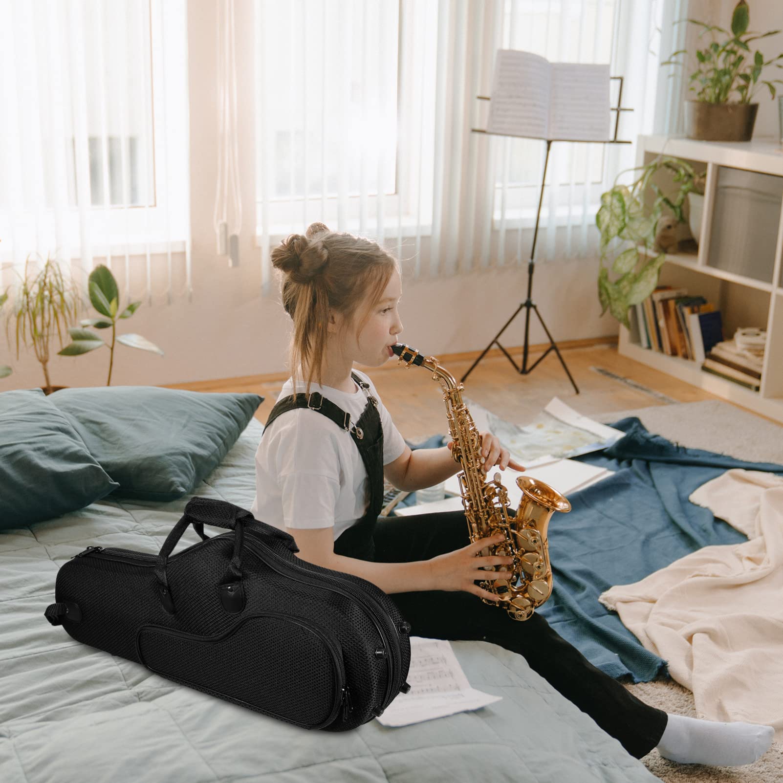 ERINGOGO Alto Saxophone Case with Removable Shoulder Straps - Soft Padded Saxophone Gig Bag, Lightweight Black Backpack for School, Band Practice & Travel