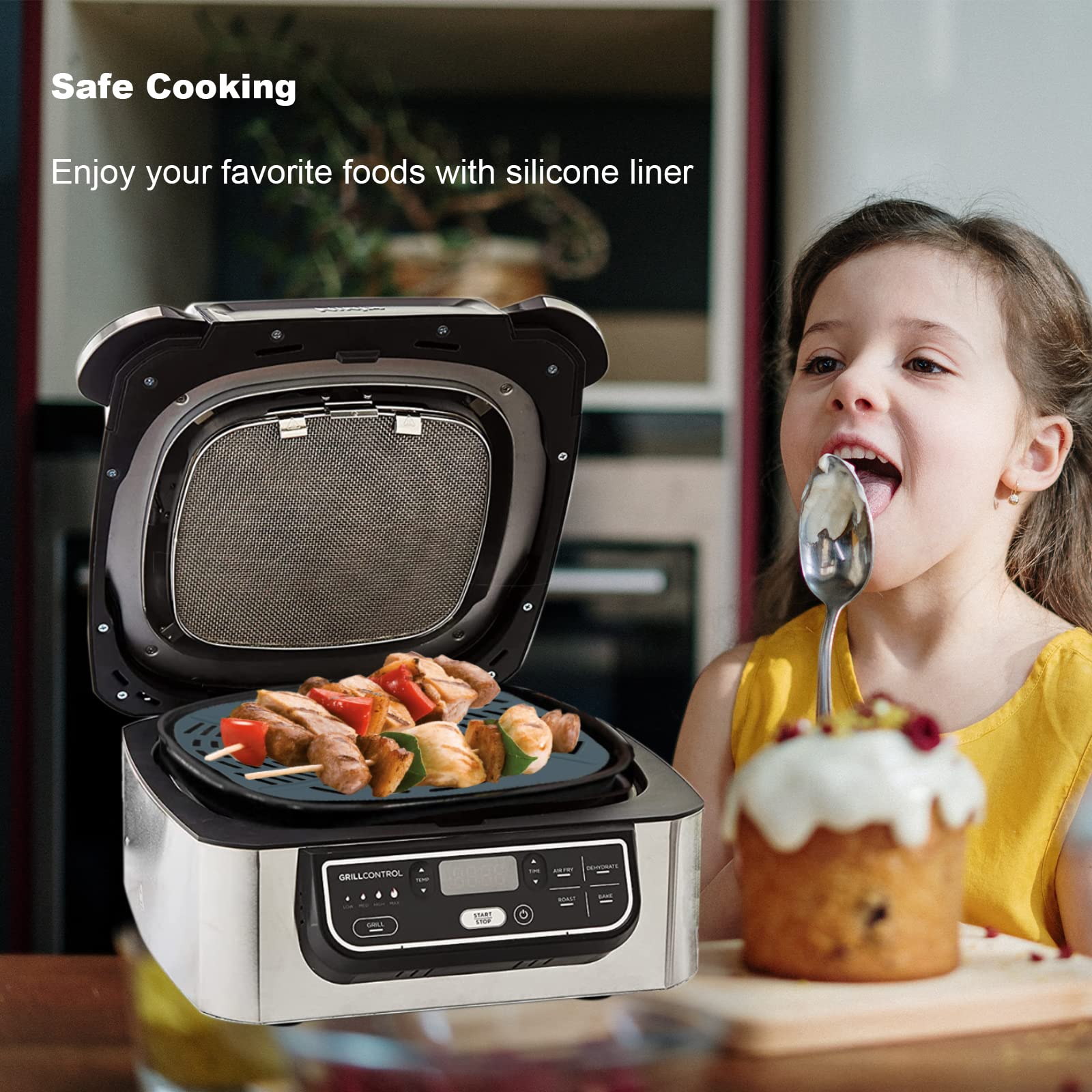 Non-Stick Reusable Silicone Air Fryer Liners & 3PC Grill Mats Set - Compatible with Ninja Foodi 5-in-1 AG301 Grill - Heat Resistant Air Fryer Accessories for Easy Cooking & Healthy Meals - Perfect for Roasting, Grilling, Baking & Air Frying