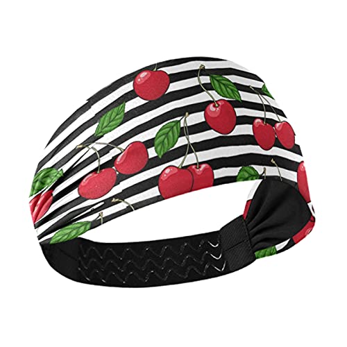 Red Cherry with Green Leaves Seamless Stripes Women's Headbands - Stretchy Yoga Headband for Workout, Exercise & Sports - Breathable Sweat-Wicking Hair Band & Head Wrap - Perfect for Running, Gym, Tennis & Outdoor Activities