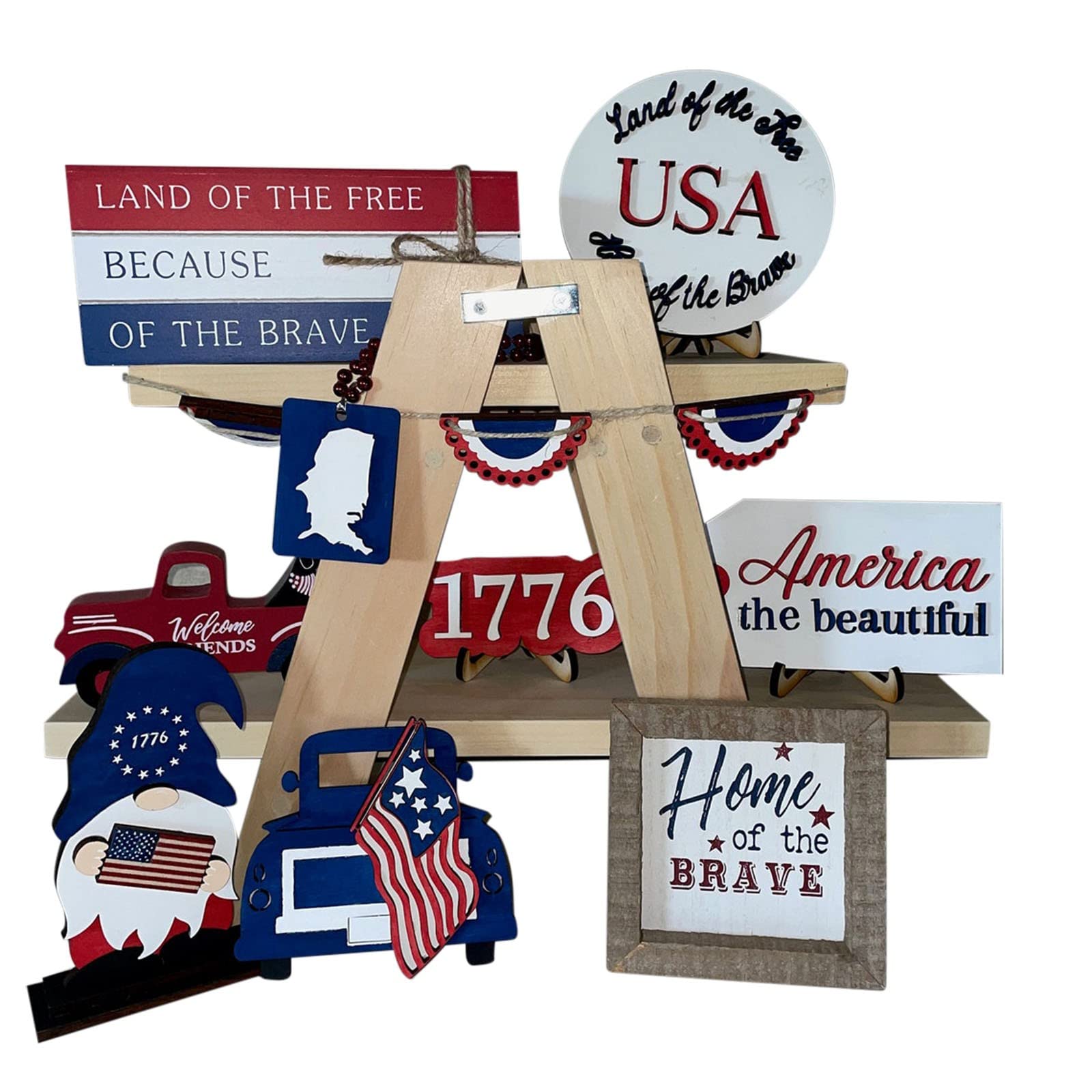 4th of July Decorations - Patriotic Wooden Tiered Tray Ornament Set with Freestanding Sign | Farmhouse Style Independence Day Home Party Decor for Tables, Mantels & Outdoor Celebrations