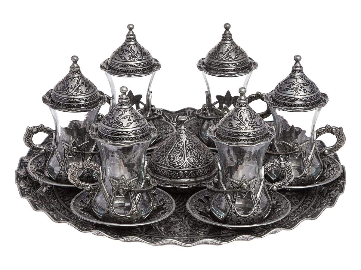 Handmade Turkish Tea Set - Authentic Black Zamzam Serving Glasses with Saucer, Tray & Spoon | Traditional Tea Ceremony Gift for Home, Cafe & Special Occasions
