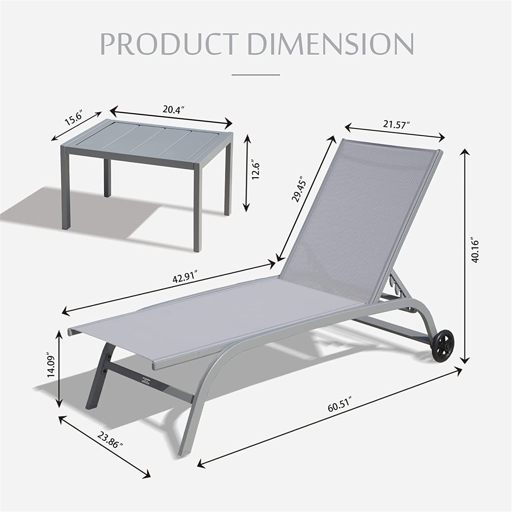 Outdoor Chaise Lounge Set of 3 - Adjustable Pool & Beach Lounge Chairs with Wheels & Side Table - Patio Furniture for Backyard, Garden & Poolside Relaxation (Grey, 2 Chairs + 1 Table)