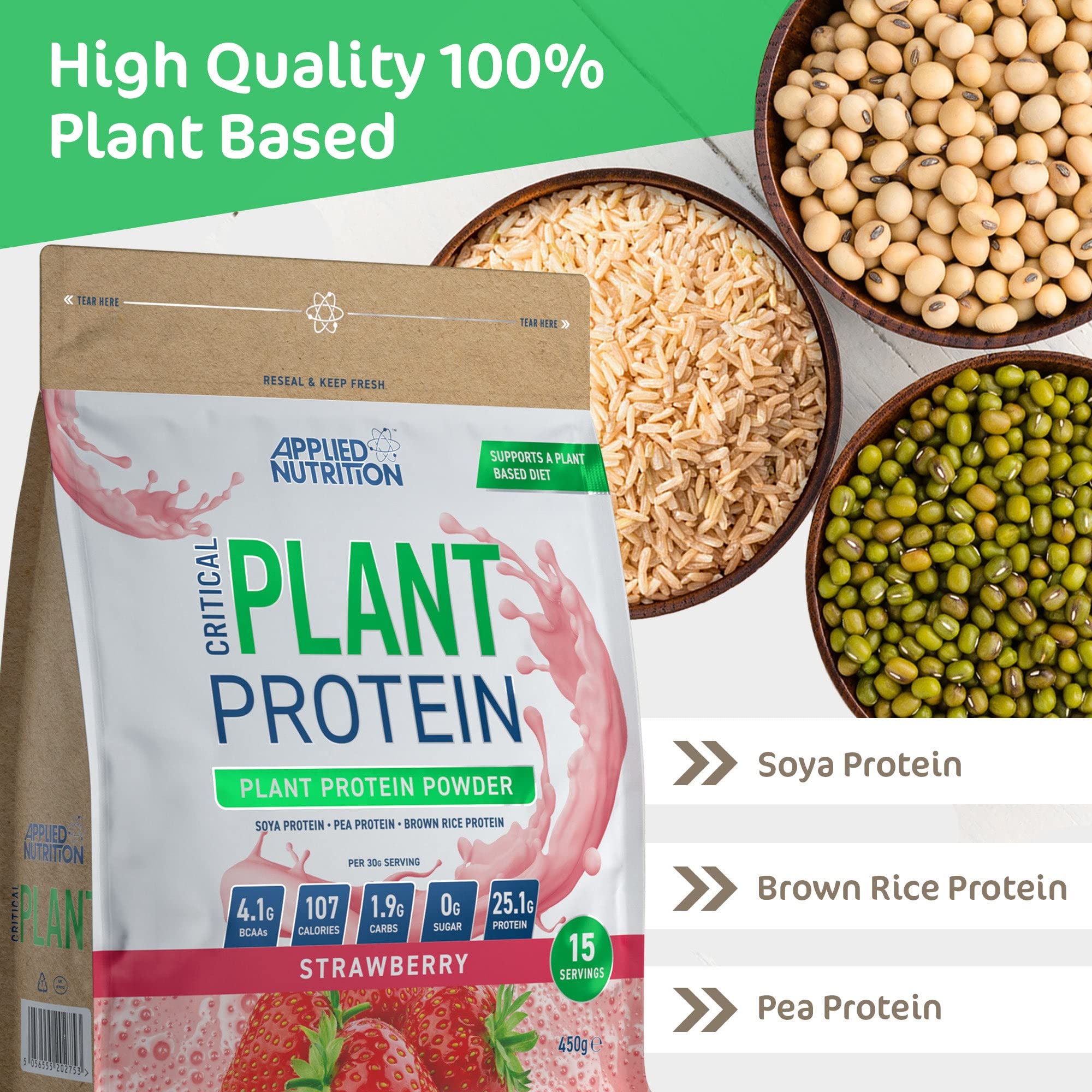 Applied Nutrition Critical Plant Protein Chocolate 450g - Vegan Protein Powder for Muscle Recovery & Weight Loss | Perfect for Post-Workout Shakes, Smoothies & Healthy Baking