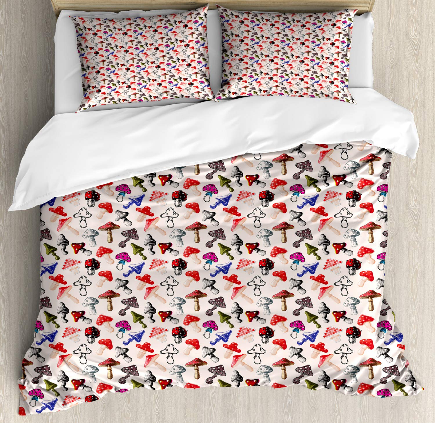 Ambesonne Mushroom Duvet Cover Set King Size - Pixel Art Sketch Doodle Cartoon Style 3 Piece Bedding with 2 Pillow Shams - Pale Rose Dark Coral | Soft Microfiber Bedroom Decor for Cozy Cottagecore Aesthetic