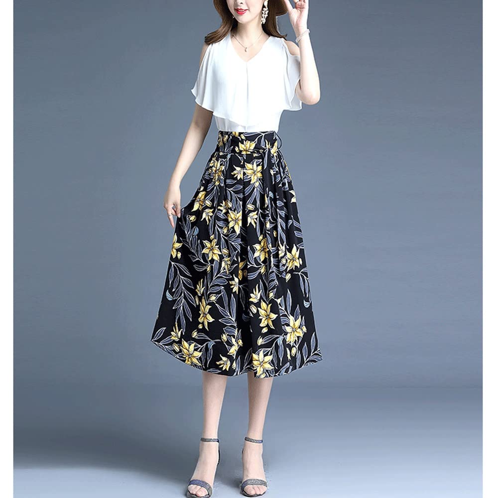 Women's High Waist Pleated A-Line Skirt - Flowy Midi Length Loose Floral Print Puff Skirt (Size 24/3XL, Color A) | Perfect for Spring Outfits, Office Wear & Casual Dates