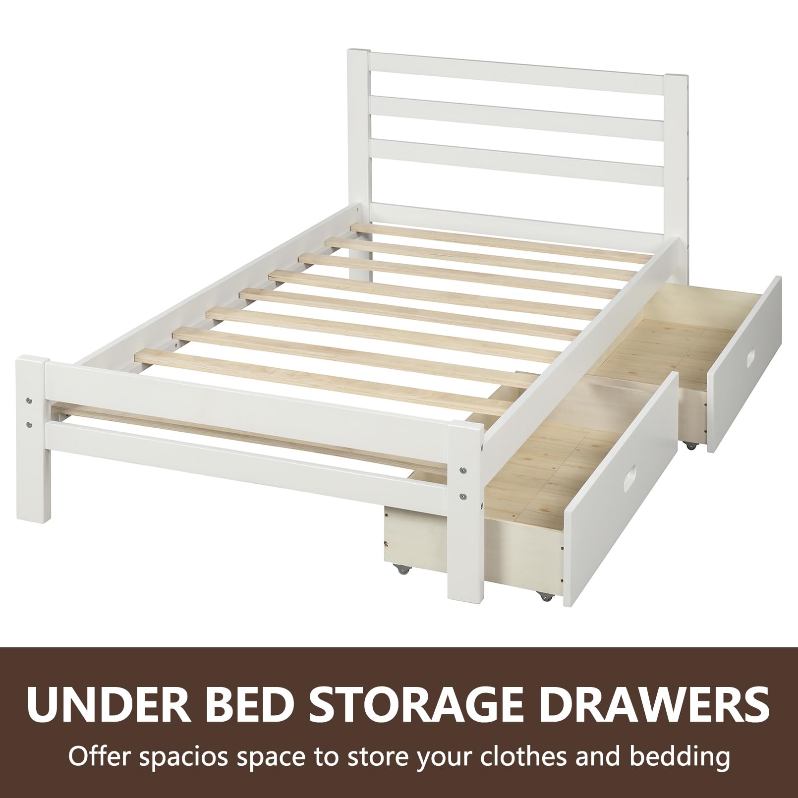 **Twin Size Modern Platform Bed Frame with 2 Storage Drawers & Headboard - Solid Wood Slat Support, No Box Spring Needed - Country Style Bedroom Furniture for Boys & Girls (White) - Perfect for Small Spaces, Kids' Rooms & Guest Bedrooms**