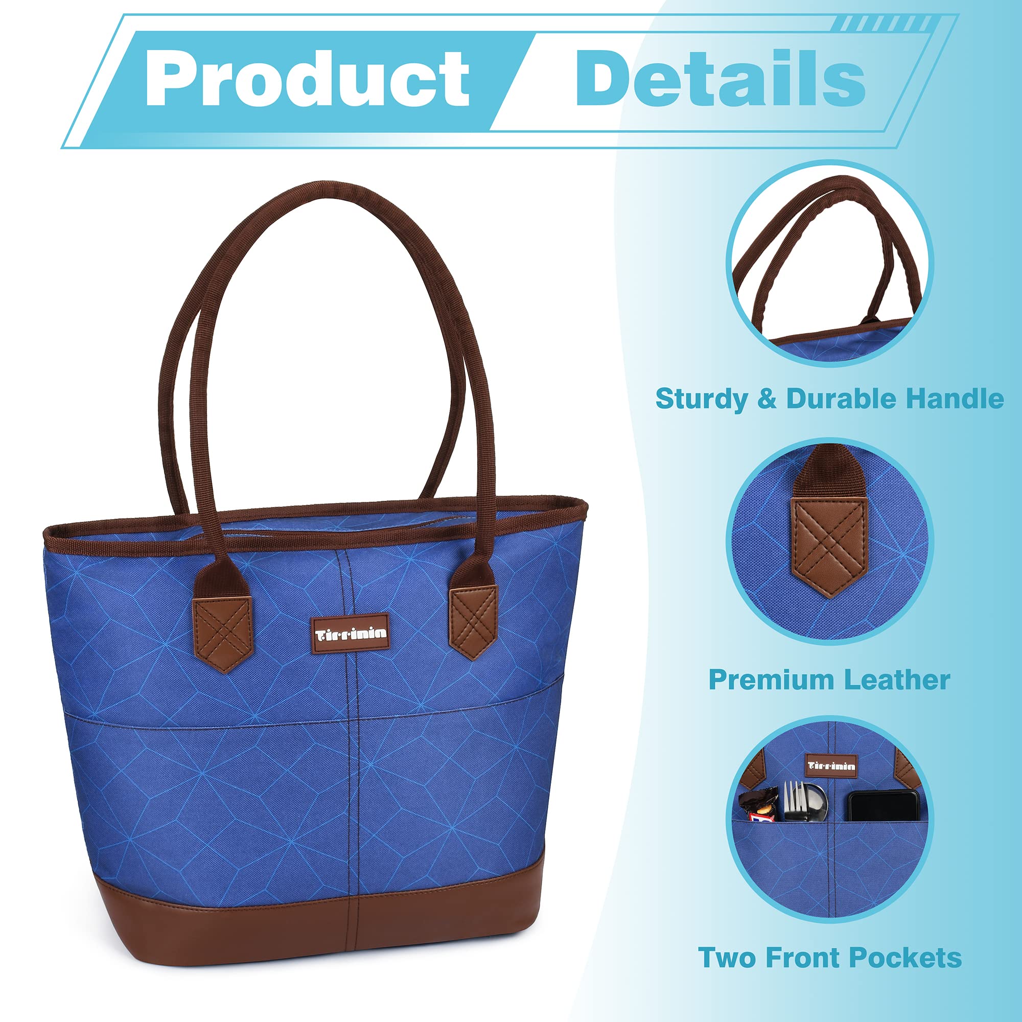 Tirrinia Large Insulated Lunch Tote Bag for Women - Waterproof Leakproof Cooler Bag with Zipper for Work, Beach, Grocery Shopping | Perfect for Office Lunch, Picnics, and Keeping Frozen Food Fresh - Navy Diamond Pattern