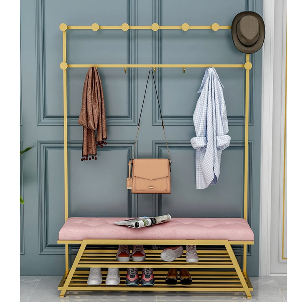 3-in-1 Industrial Entryway Hall Tree with Storage Shelves, Coat Rack & Shoe Bench - Sturdy 100x35x175cm Pink Entryway Organizer for Bedroom, Living Room & Mudroom - Easy Assembly Home Storage Solution