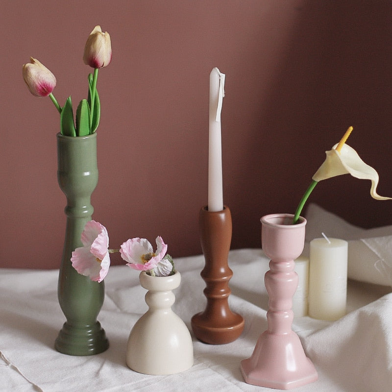 Elegant Candy Glazed Ceramic Candle Holders - Set of 2, Handmade Home Decor for Wedding, Dining Table, Bathroom & Bedroom Ambiance