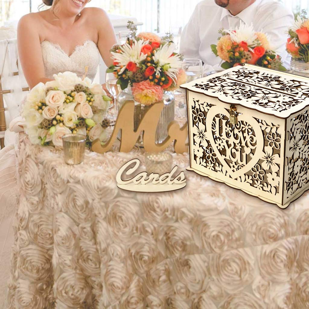 ELEOPTION Rustic Wooden Wedding Card Box with Lock - DIY Hollow Card Holder for Money & Gift Cards - Perfect for Wedding Reception, Anniversary, Baby Shower, Graduation Party & Birthday Decorations
