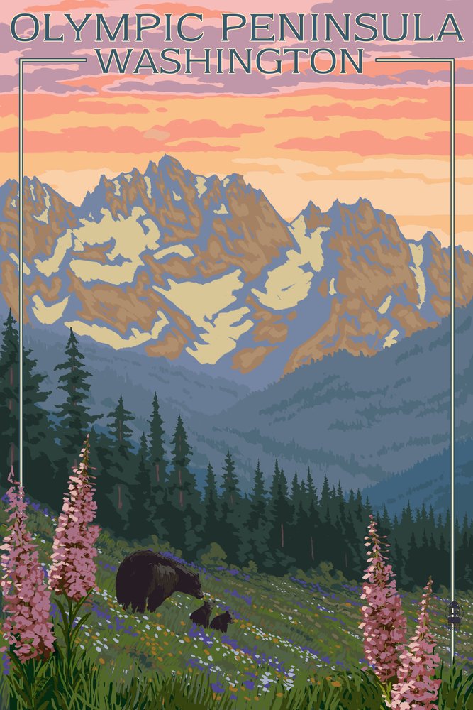 Olympic Peninsula Washington Bears and Spring Flowers Wall Art Poster - 12x18 Inches Nature Decor for Living Room, Bedroom & Office