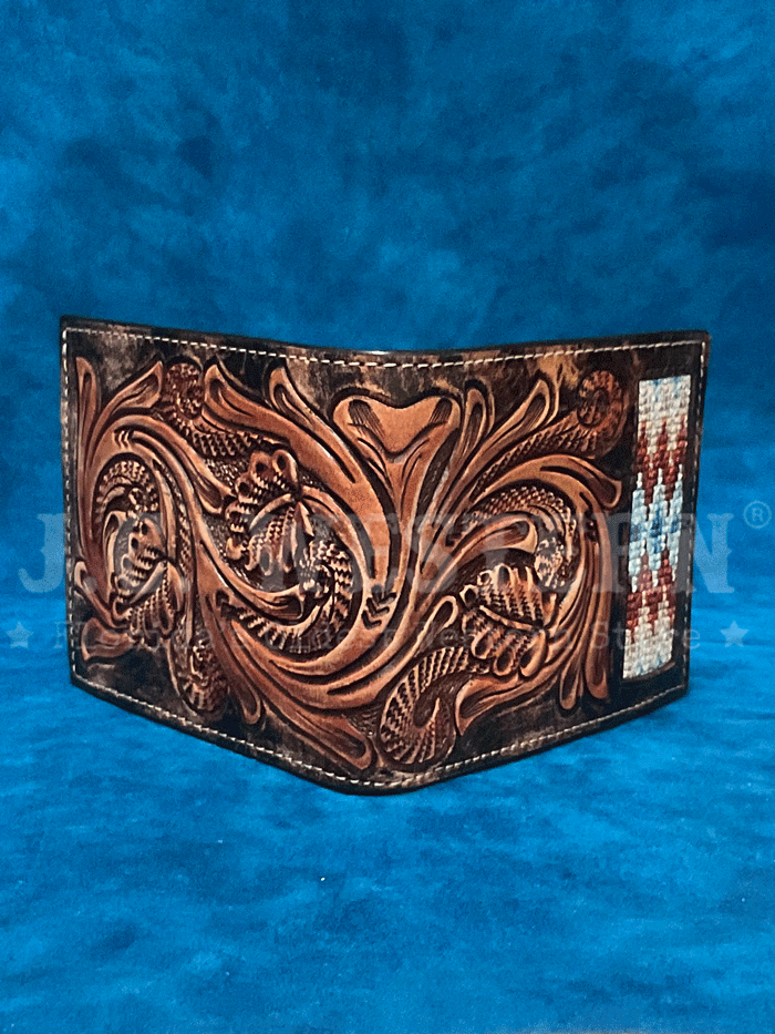 Handmade Men's Leather Bifold Wallet with 3D Scroll Embroidery & Inlay - Premium Brown Genuine Leather - Perfect for Everyday Carry, Gifts & Business Use