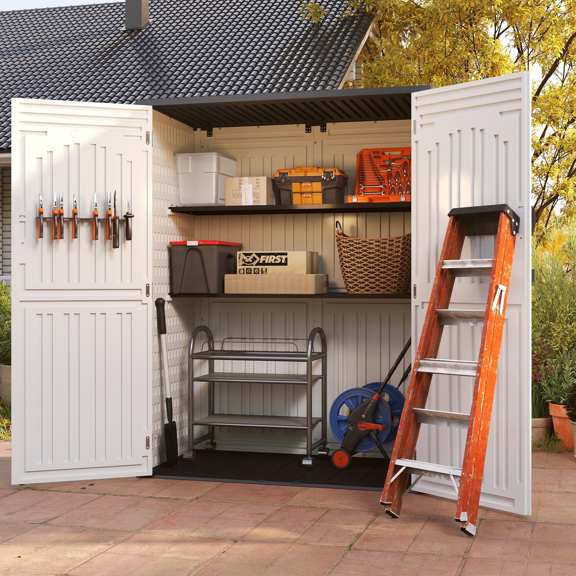 60 Cuft Vertical Resin Storage Shed | Waterproof Plastic Outdoor Garden Tool Cabinet (5.6 x 2.3 ft) | Perfect for Lawn Mower, Gardening Tools & Backyard Storage | Durable White Outdoor Shed for Patio, Garage & Yard Organization