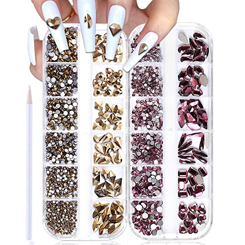 WOKOTO 2 Box Flat Back Nail Rhinestones Kit with Picker Pencil - Claret Red & Gold Crystal Nail Art Gems for DIY Manicure, Nail Decoration, Salon & Party Glam Looks